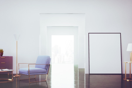 Green living room interior with a blue armchair, a dresser with a potted plant on it and a vertical poster standing near a door. 3d rendering, mock up, toned imageの写真素材