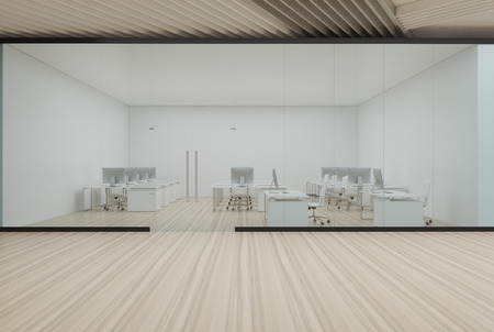 Modern office interior with white transparent walls, panoramic windows with a magnificent cityscape. A row of white tables with computers along the wall. Front. 3d rendering mock upの写真素材