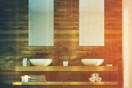 Close up of two white sinks standing on a wooden shelf. There are two narrow vertical posters above them. 3d rendering mock up toned imageの写真素材