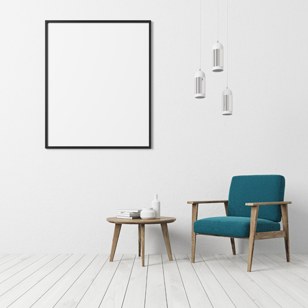 White textured wall living room interior with a white floor, a blue armchair, a coffe table with books and bottles and a vertical framed poster. 3d rendering mock upの写真素材