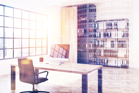 White loft office interior with a round table, a bookcase with binders, white walls and a rectangular window with a square pattern Side view 3d rendering mock up toned image double exposureの写真素材