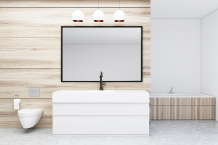 Modern bathroom interior with wooden and white walls, a concrete floor, a sink, a wooden tub and a toilet. Large horizontal mirror. 3d rendering mock upの写真素材