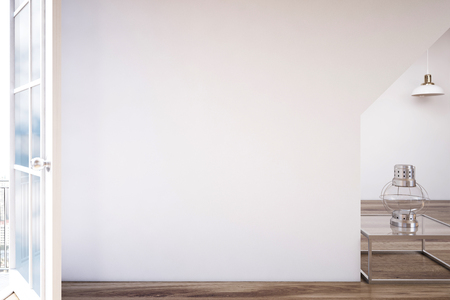 Empty room interior with an oil lamp standing on a glass coffee table with an open window, white walls and a wooden floor. 3d rendering mock upの写真素材
