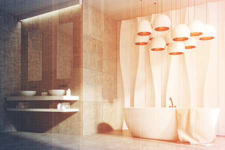White and marble bathroom interior with a wavy wall pattern and two sinks standing on a marble shelf with two narrow mirrors above them. Side view. 3d rendering mock up toned imageの写真素材