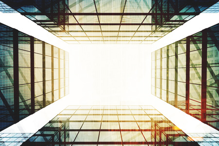Four skyscrapers standing around the camera. A sky in the middle. Concept of a business life. 3d...