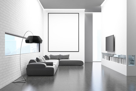 White brick wall living room with a gray sofa, poufs, a framed vertical poster, a TV set hanging above a bookshelf on a white wall. 3d rendering mock upの写真素材