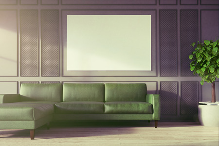 Gray living room or and office waiting room interior with a green sofa, a potted tree and a horizontal poster. 3d rendering mock up toned imageの写真素材
