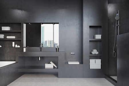 Black bathroom interior with a tub, a shower, a shelf, a mirror and a closet. Marble floor, modern design. Concept of a cozy home. 3d rendering mock upの写真素材