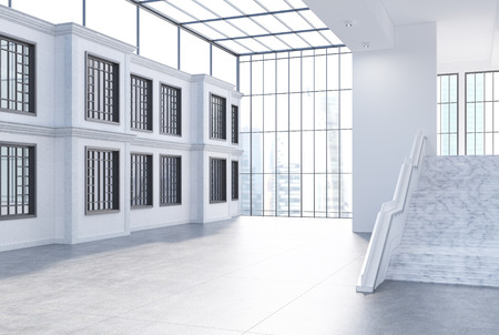 White brick office wall with windows, a large staircase and a panoramic window. Glass ceiling. Empty...