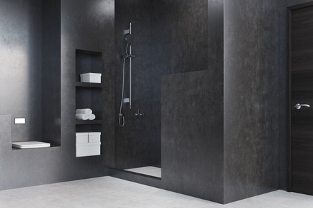 Black bathroom interior with a shower, a shelf and a closet. Marble floor, modern design. Concept of a cozy home. 3d rendering mock upの写真素材