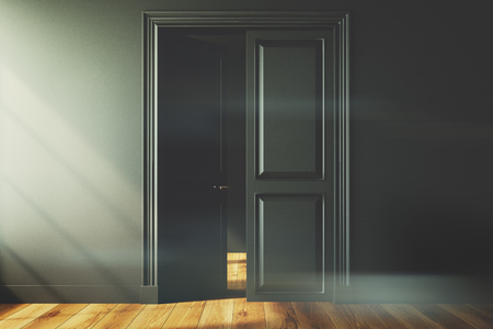 Empty room interior with black walls, dark wooden floor and an open double door. Concept of a new home or an office. 3d rendering mock up toned imageの写真素材