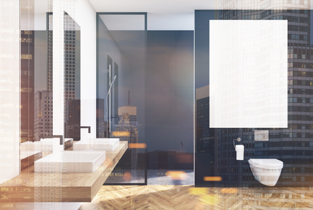 Black lavatory interior with a vertical poster, a shower with a glass wall, a double sink and a loft window. 3d rendering mock up toned image double exposureの写真素材
