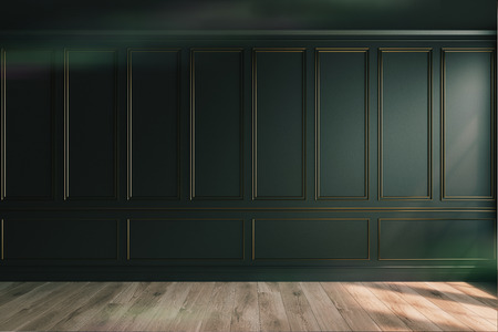 Empty luxury room interior with black walls, frame like decoration elements on them and a wooden floor. 3d rendering, mock up, toned imageの写真素材