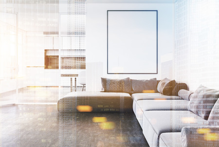 White living room interior with a gray sofa, a framed vertical poster and a kitchen in the background. 3d rendering mock up toned image double exposureの写真素材