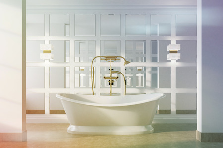 Vintage bathroom interior with a white bathtub, a gold shower and a glass wall. Concept of luxury and wealth. 3d rendering toned imageの写真素材