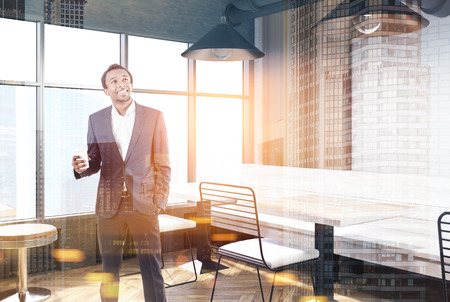White brick and wooden wall cafe interior with a wooden floor, a panoramic window, small square tables with white chairs and stools. Man. 3d rendering mock up toned image double exposureの写真素材