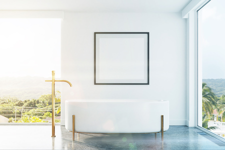 White bathroom interior with panoramic windows, a tropical view, an originally shaped bathtub and a framed square poster on a wall. 3d rendering mock up toned imageの写真素材