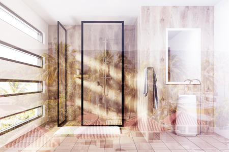 Wooden shower interior with a tiled wooden floor, a rug, a sink with a mirror, an originally shaped window and a towel. 3d rendering mock up toned image double exposureの写真素材