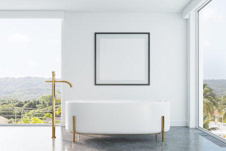 White bathroom interior with panoramic windows, a tropical view, an originally shaped bathtub and a framed square poster on a wall. 3d rendering mock upの写真素材