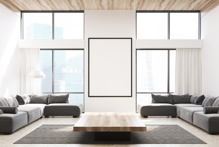 White living room interior with two gray sofas, a coffee table, large windows, a carpet and a...