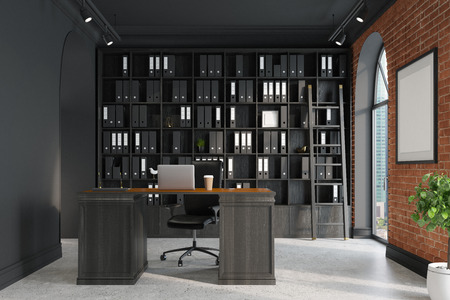CEO office, bookcase and table, ladder