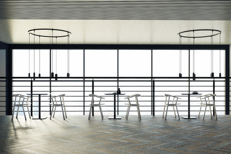 Second floor of a loft cafe interior with a wooden floor, black square tables and white chairs. Original ceiling lamps. 3d rendering mock upの写真素材