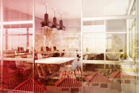 Meeting room interior with glass walls, a long white table and two rows of chairs near it. An open space office in the background. 3d rendering toned image double exposureの写真素材
