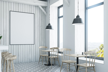 White wooden bar interior with a diamond floor pattern, white bar stand with a row of black stools near it and wooden tables and chairs. A poster on the wall, side view. 3d rendering mock upの写真素材