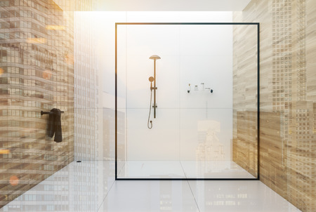 White tiles and wooden bathroom interior with a tiled white floor, a black towel in the corner and a black shower behind a glass wall. 3d rendering mock up toned image double exposureの写真素材