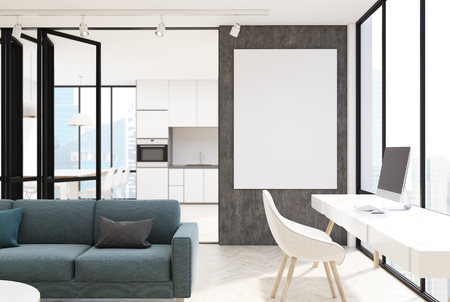White living room interior with a panoramic window, a long gray sofa, a bookcase and a computer table. A kitchen is seen in the background. A poster. 3d rendering mock upの写真素材