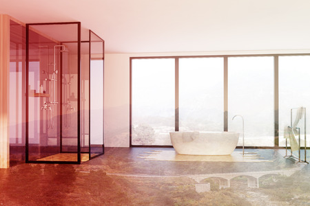 Loft bathroom interior with a shower, a white tub, a towel rack and a panoramic window. 3d rendering...