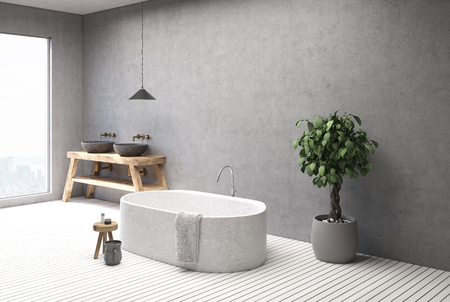 Corner of a white marble bath tub standing in a concrete bathroom with a double sink in it. 3d rendering mock upの写真素材
