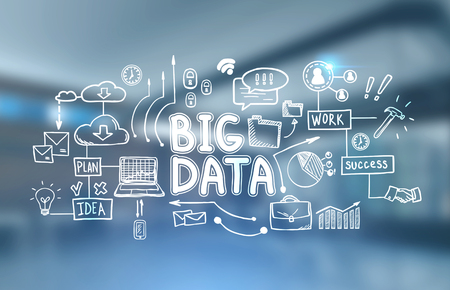 White big data sketch drawn against a blurred office background. Concept of hi tech and innovation in business and production. Toned imageの写真素材