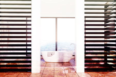 Luxury bathroom interior with a panoramic window, a wooden floor, white walls and a round bath tub with black wooden planks by its sides. 3d rendering toned image double exposureの写真素材