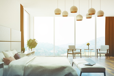 White and beige bedroom interior close up with a double bed, several bedside tables, armchairs and large windows with brown curtains. Side. 3d rendering mock up toned imageの写真素材