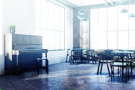 Modern cafe interior corner with wooden walls, a concrete floor, square tables and wooden chairs. A piano. 3d rendering mock up toned image double exposureの写真素材