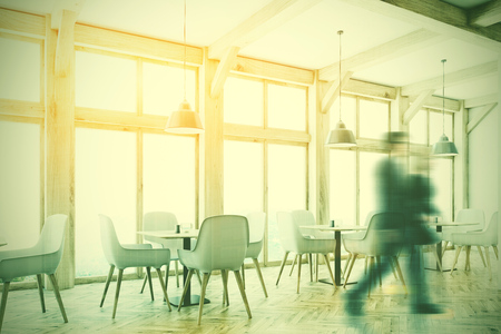 White cafe interior with tall windows, a wooden floor, square tables and white and wooden chairs. People, side view. 3d rendering double exposure toned imageの写真素材