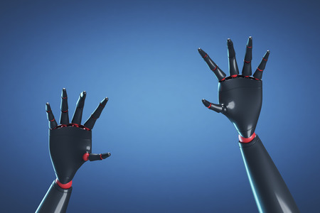 Close up of black and red robot hands with stretched fingers against a dark blue background. Concept...