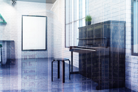 Modern cafe interior with white brick walls, tall windows, a concrete floor and a piano. A framed poster on the wall. 3d rendering mock up toned image double exposureの写真素材