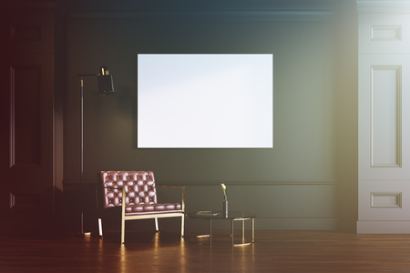 Black living room interior with a wooden floor, a leather armchair and a round coffee table. A horizontal poster. 3d rendering mock up toned imageの写真素材