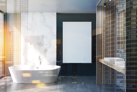 White marble, black and wooden bathroom interior with a concrete floor, a round bathtub and a double sink with a mirror above it. A vertical poster. 3d rendering mock up double exposure toned imageの写真素材