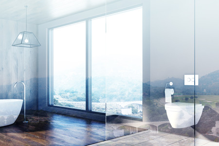 Modern bathroom interior with a white and wooden floor, a white roundish tub and a toilet. Loft windows. 3d rendering mock up toned image double exposureの写真素材