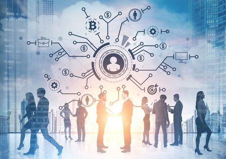 Business people silhouettes against a blurred cityscape background with a network sketch in the sky. Concept of a teamwork and communication. Double exposure toned image mock upの写真素材