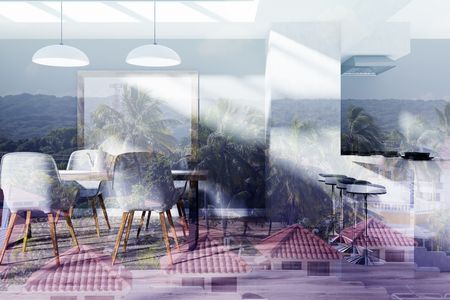 Kitchen interior with gray and concrete walls, a dining table with cahirs, a bar stand with stools, a wooden floor and a framed vertical poster. 3d rendering mock up double exposure toned imageの写真素材