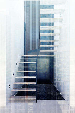 Wooden and black stairs in a narrow hall of an apartment or an office building. Concept of comfort and luxury. 3d rendering mock up double exposure toned imageの写真素材