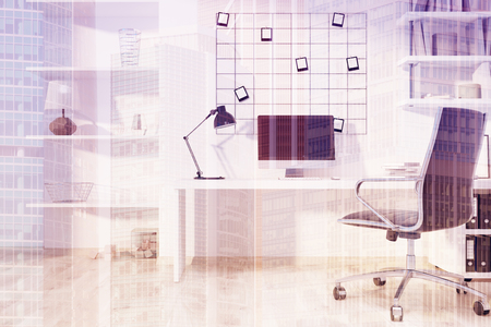 Home office interior close up with a wooden floor, a computer desk, photos on a white wall and shelves. 3d rendering mock up double exposure toned imageの写真素材