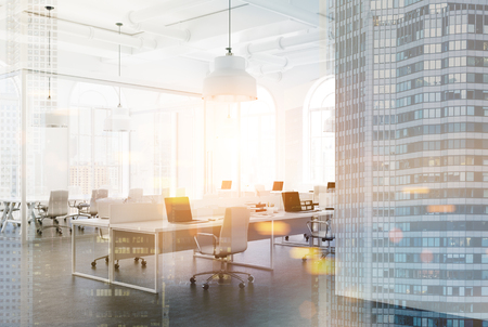Open space office corner with white and glass walls, a concrete floor and arch windows. Rows of computer desks and a conference room. 3d rendering double exposure toned imageの写真素材