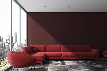 Purple living room interior with a red sofa and an armchair. A panoramic window with a cityscape. 3d...