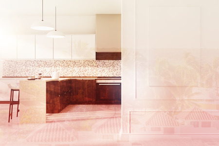 Mosaic kitchen interior with dark wooden countertops, white cupboards, a cooker and two ovens and a large poster. 3d rendering double exposure toned imageの写真素材