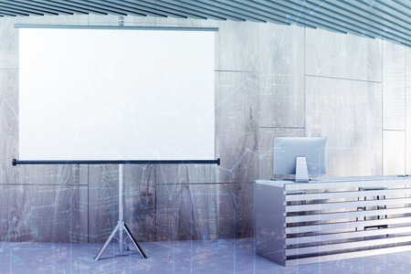 Wooden office lobby with a reception desk, and a blank screen for goods and services promotion and advertising. Close up 3d rendering mock up double exposure toned imageの写真素材